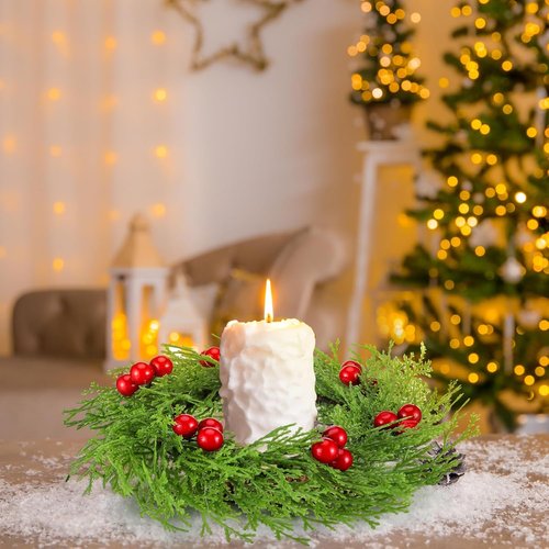 Knitgrip 8 Pcs Small Christmas Wreaths with Red Berry 8.27" Artificial Cedar Candle Rings Holder Mini Wreaths for Cabinets Christmas Holiday Table Centerpiece Window Chair Decor