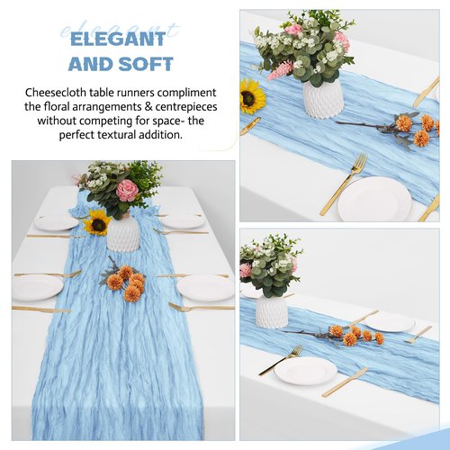 Aktor 4 Pack Light Blue Table Runner Boho Cheesecloth Table Runner Semi Sheer Gauze Fabric Runners for Wedding Birthday Baby Shower Party Boho Table Decoration（Light Blue）