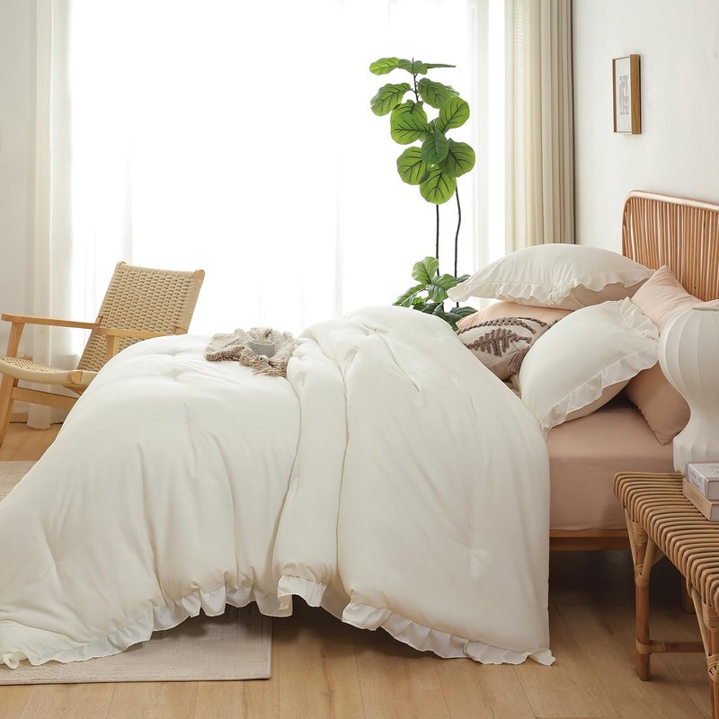 JANZAA Creamy White Comforter Set Queen – Soft Microfiber, Lightweight All Season Bedding, Ruffle Shabby Chic Aesthetic, Breathable Cozy Bed Set with 2 Pillow Shams, Machine Washable