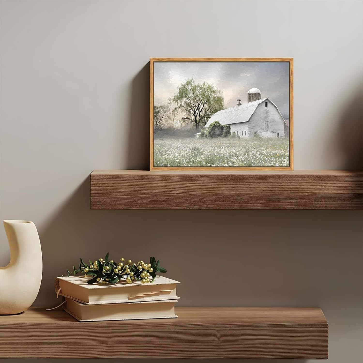 Skiennix Rustic Farmhouse Canvas Wall Art - White Barn Wildflower Landscape Print | 16x12 in for Bedroom & Living Room