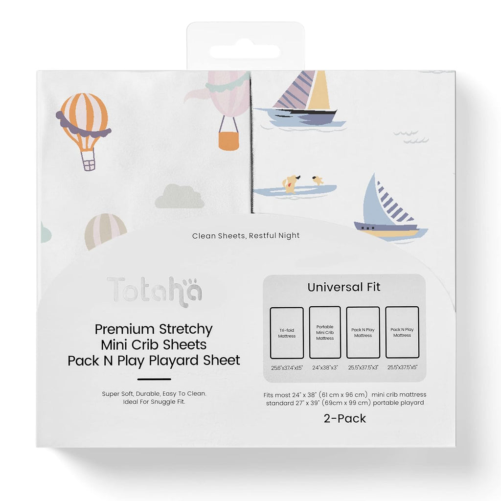 TotAha Premium Stretchy Pack N Play Playard Sheets - Hypoallergenic, Silky Soft Jersey-Knit (2-Pack, 38" x 24", Balloon & Sailboat)
