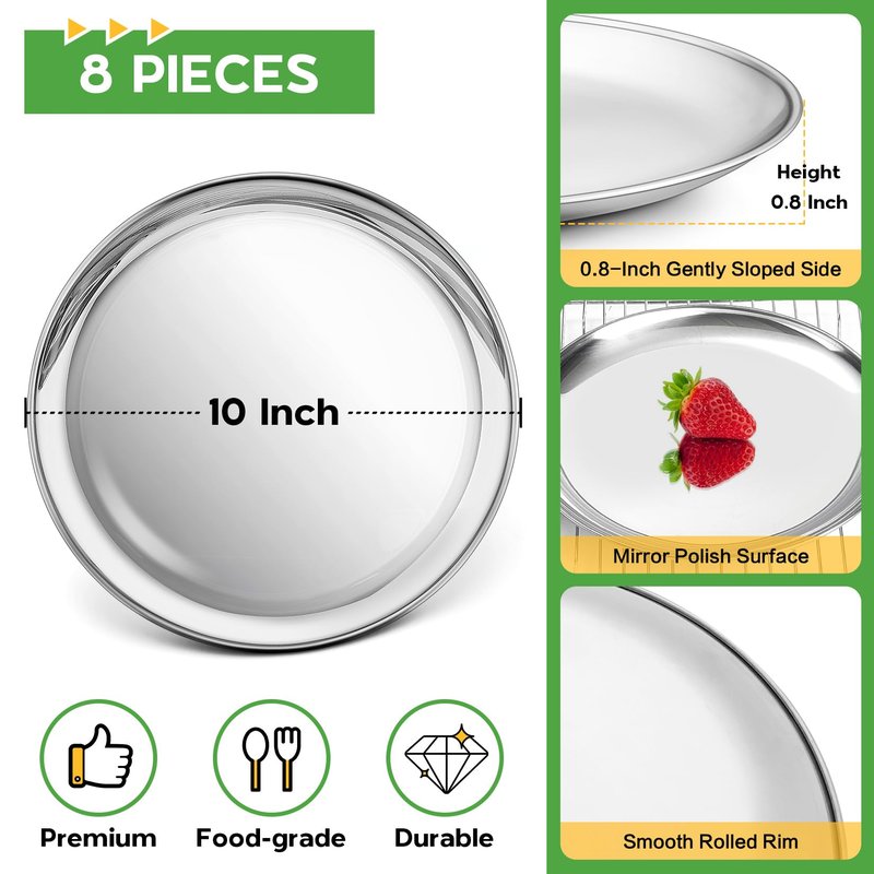 P&P CHEF 10 Inch Pizza Pan, Stainless Steel Round Pizza Tray Baking Pans, Pizzas Plate Serving Tray for Cookie Meat, Oven & Dishwasher Safe & Easy Cleaning, (Mirror Finish) - 8 Pieces