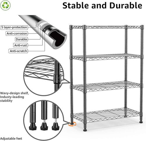 M MZG Heavy Duty 4-Tier Steel Storage Shelving Unit - 1000 lbs Capacity | Organizer Rack for Home, Kitchen, Office (13.7" D x 29.5" W x 47.2" H)