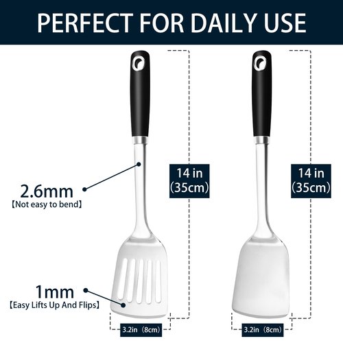 MUJINON 14-in Spatula Set, 18/0 Stianless Steel Heavy Duty Turner & Slotted Spatula, Kitchen Cooking Utensils Set, High Heat Resistant, Grilling Frying Serving Food, Pack of 2