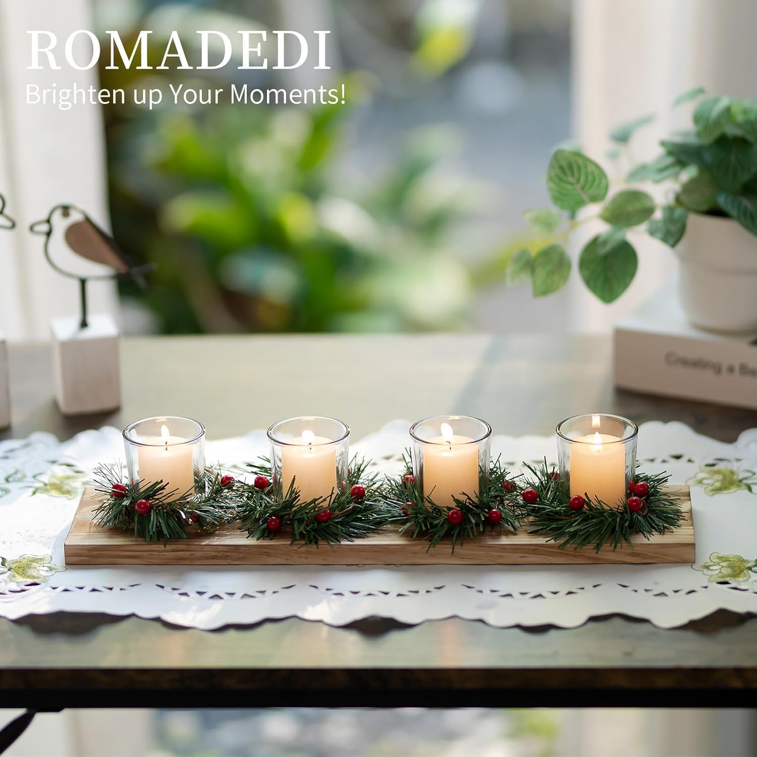 Romadedi Christmas Candle Holder - Rustic 4 Tealight Holders with Mini Wreaths | 16.5-Inch Wooden Tray for Holiday Table Decor