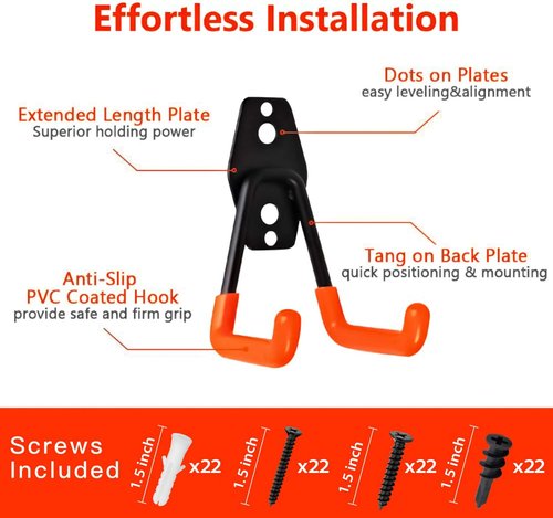 Garage Hooks - Heavy Duty Wall Storage Hanger | 12 Pack with 2 Extension Cord Straps for Organizing Tools & Equipment (Orange)