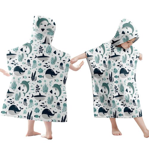 Irisbell Kids Hooded Beach Towel Cotton Blend Wearable Beach Towel with Hood for Kids Toddlers,Absorbent Soft Bath Towel Wrap Cartoon Swim Pool Bathrobe for Boys Girls (Sea Animals, 25.6'' x 29.5'')