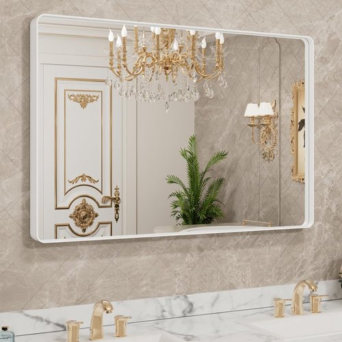 LOAAO White Metal Framed Bathroom Mirror - Large 40x30 Inch Rounded Rectangle | Anti-Rust Tempered Glass