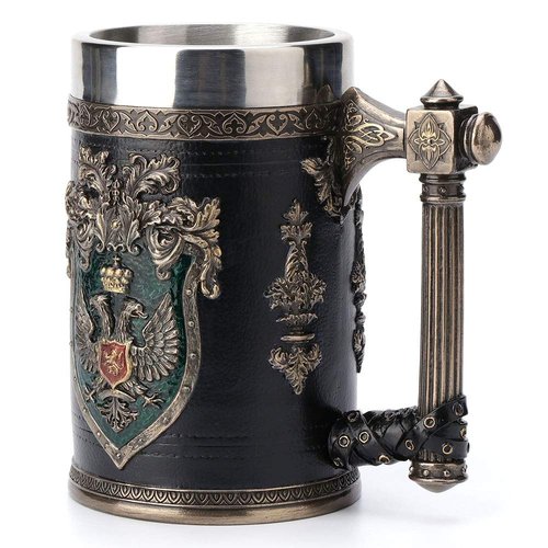 Veronese Design 6.25 Inch 0.5 L Double Headed Eagle Crest Axe Handle Beer Stein Stainless Steel Tumbler Antique Bronze Finish Sculpture Tabletop Decorative Cup