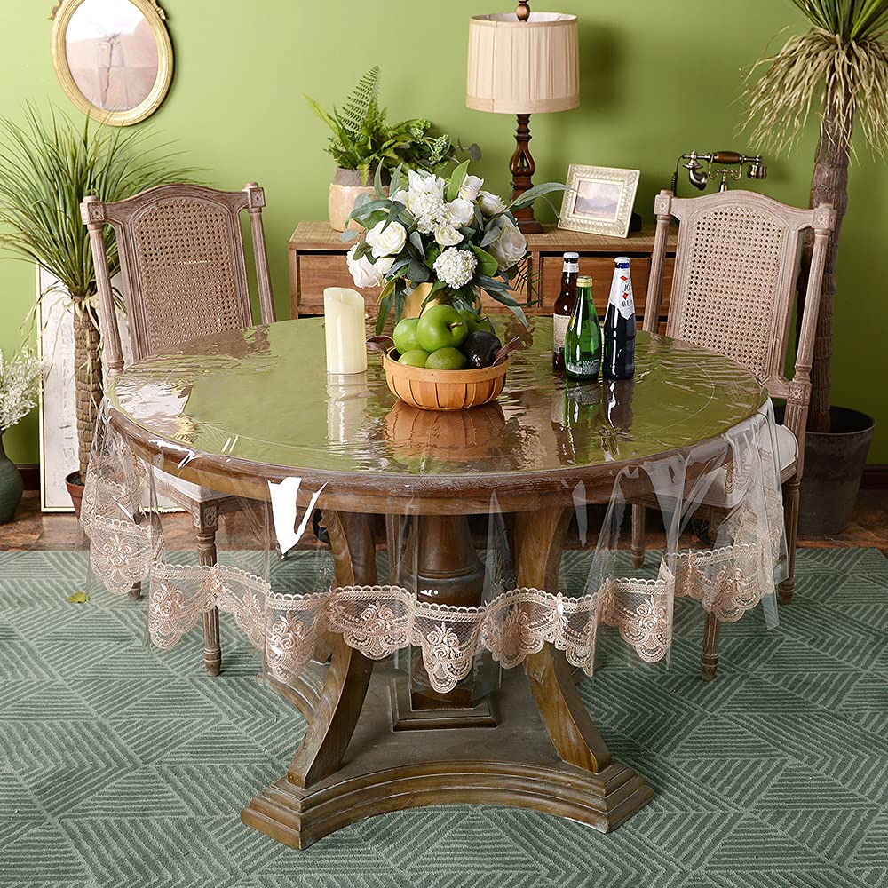 ARTABLE Vinyl PVC Rectangle Tablecloth Waterproof Clear Table Cover with Champagne Lace Macrame Border for Wedding Kitchen Home Outdoor Indoor Holidays Party Decor (Champagne, 70'' (Round))