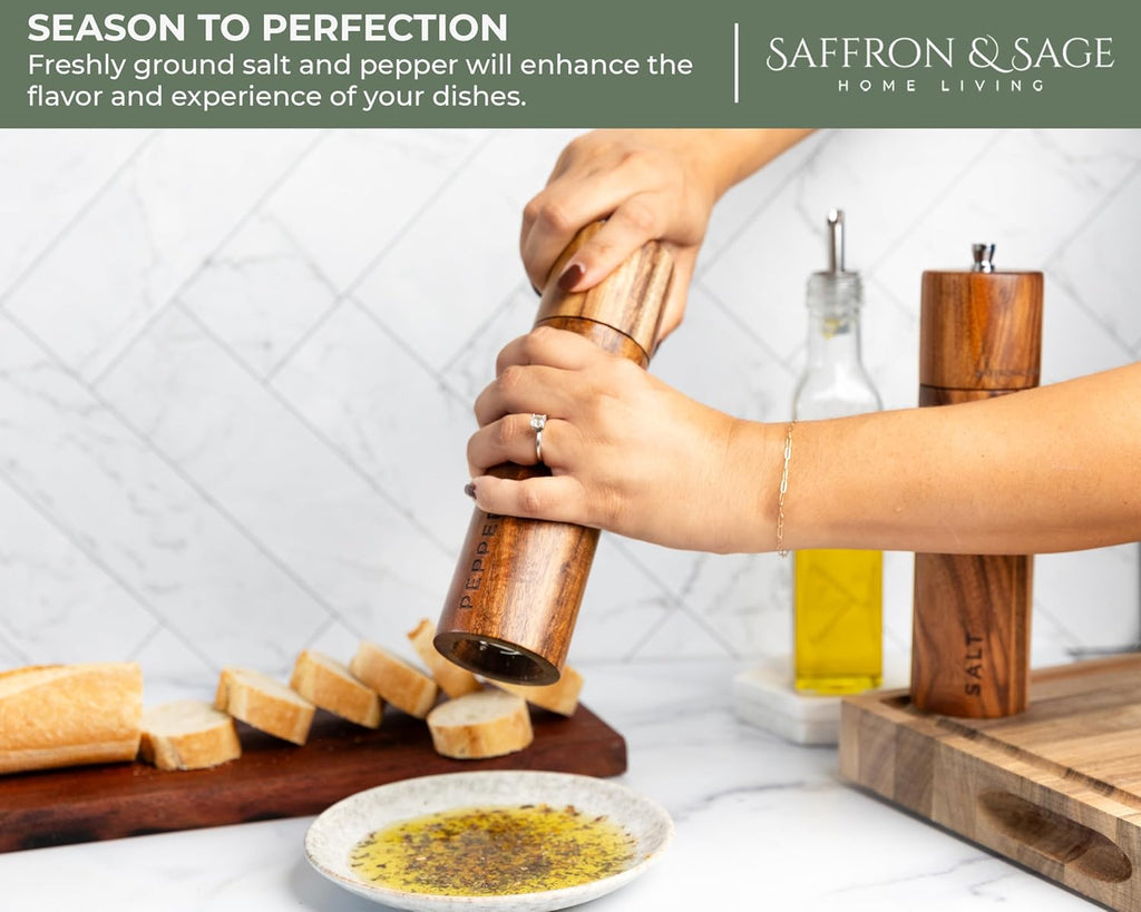 Saffron & Sage Premium Acacia Wood Salt and Pepper Grinder Set | 8” Tall with Adjustable Coarse Settings