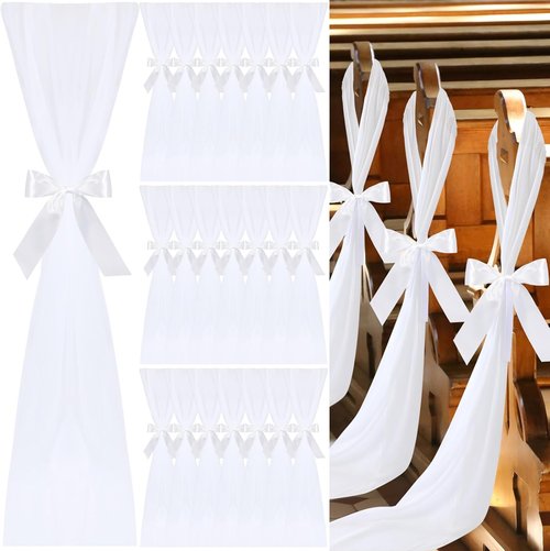 HunnmingRe 24 Sets Wedding Aisle Chair Decor - White Chair Sashes with Ribbons & Tulle for Ceremonies