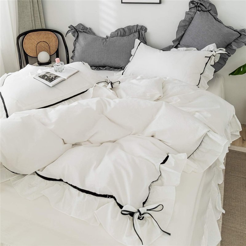 SOUKACH Ruffled Bedding Bow Duvet Cover Set with Butterfly Tie, Soft Brushed Microfiber Shabby Chic Bedding Set with Zipper Closure for Kids Girls-White,Twin