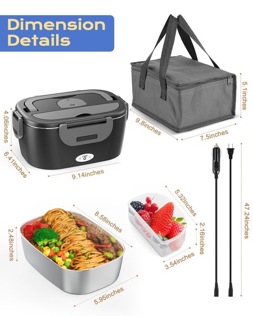 FERVINOW Cordless Electric Lunch Box for Adults – Battery-Powered Heated Lunch Box with 1.2L Stainless Steel Container, Timer Function, and Leak-Proof Food Warmer for Work, Travel & Office(BK)