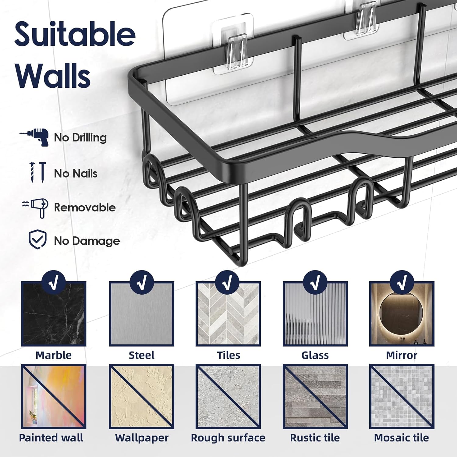 NESOMI Shower Caddy - Rustproof Stainless Steel Organizer with Soap Dish & Hooks | 8-Pack, No-Drill Storage