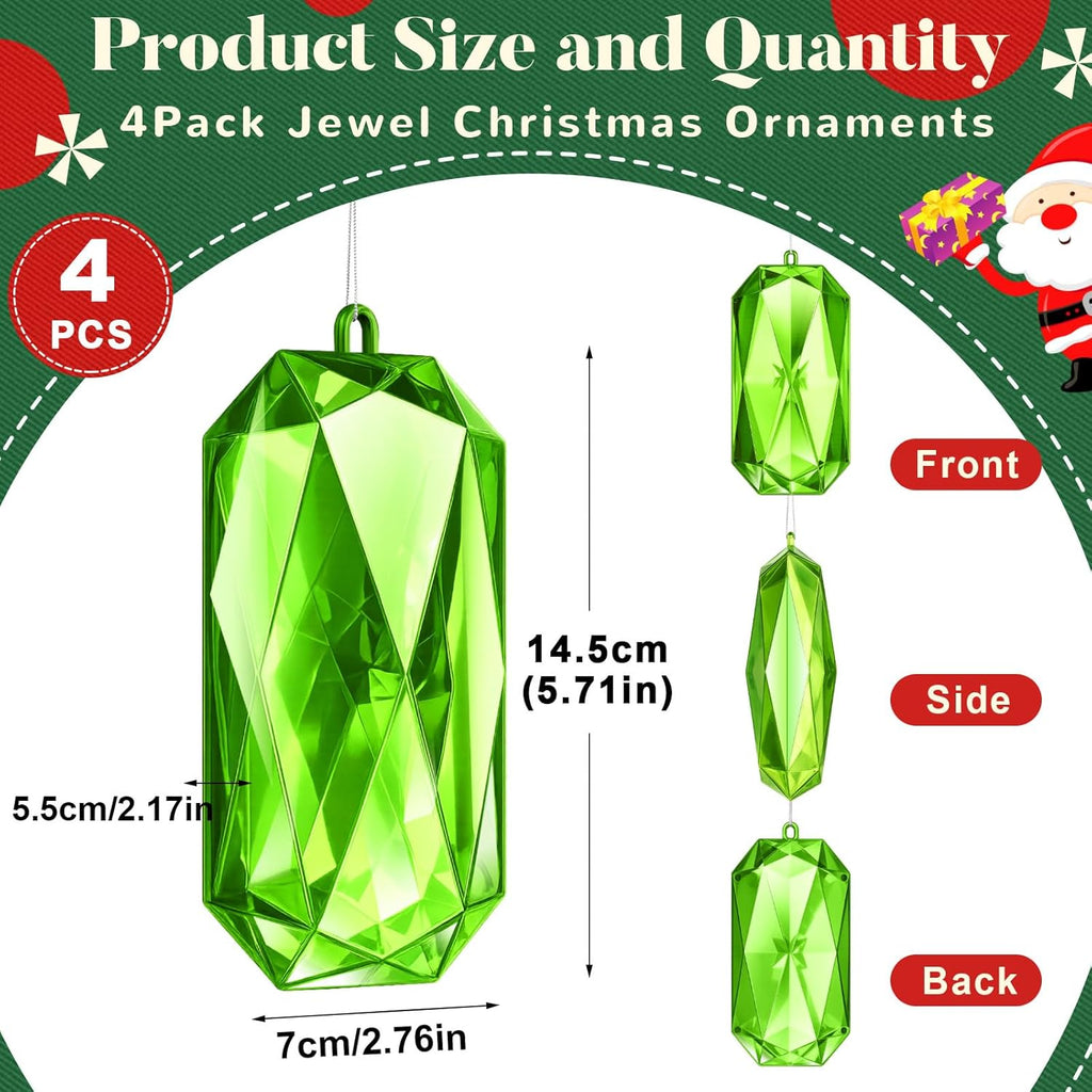 Syhood 4 Pack Acrylic Green Jewel Ornaments - 5.7 Inch Glittering Christmas Tree Decorations | Perfect for Weddings & Holiday Parties