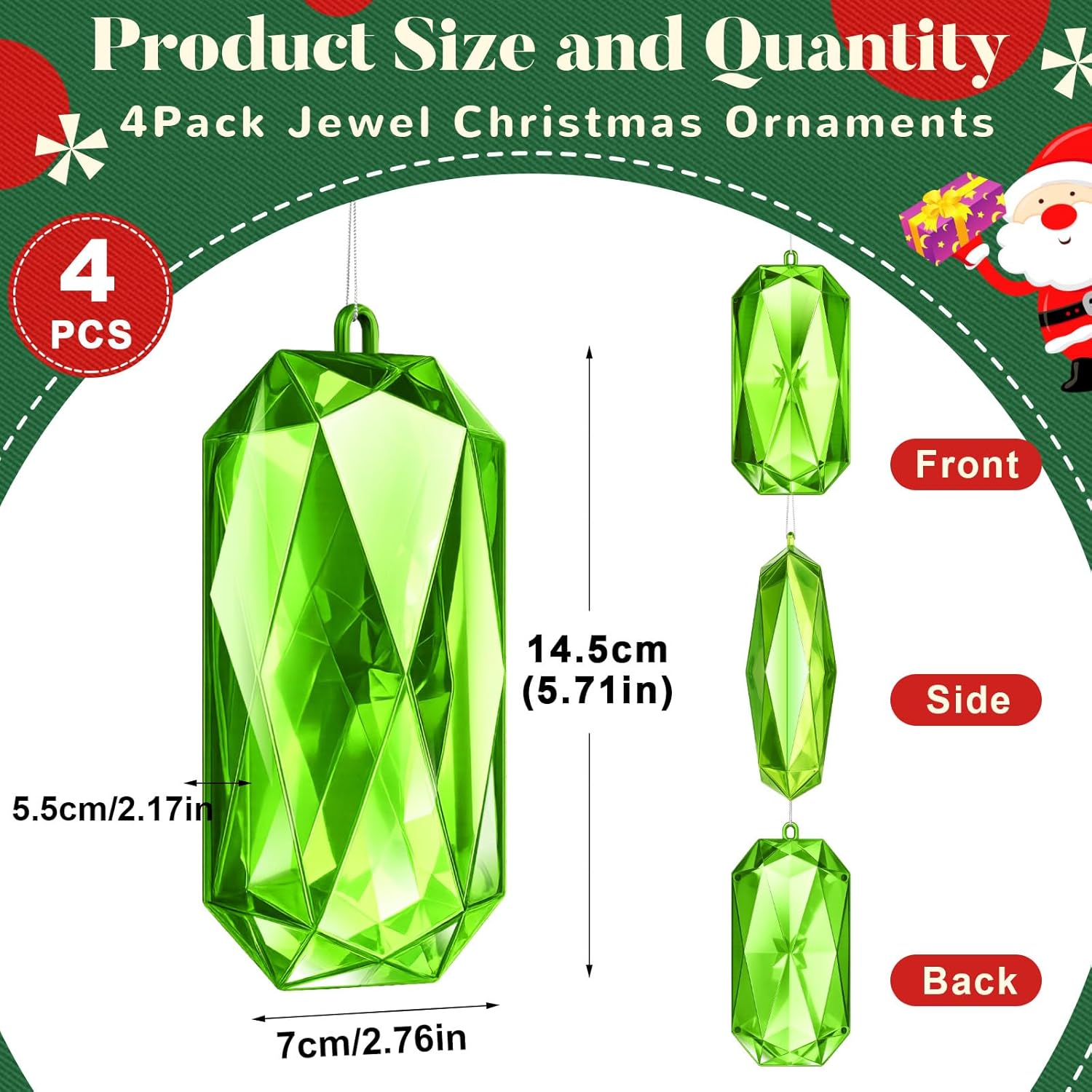 Syhood 4 Pack Acrylic Green Jewel Ornaments - 5.7 Inch Glittering Christmas Tree Decorations | Perfect for Weddings & Holiday Parties