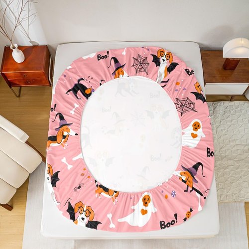 Feelyou Happy Halloween Sheet Set King Size Kids Horror Cobweb Cute Dog Sheets with Deep Pocket Fitted Sheet for Boys Teens Kawaii Cloud Rainbow Bed Sheets Set Breathable Witchcraft Pink Room Decor