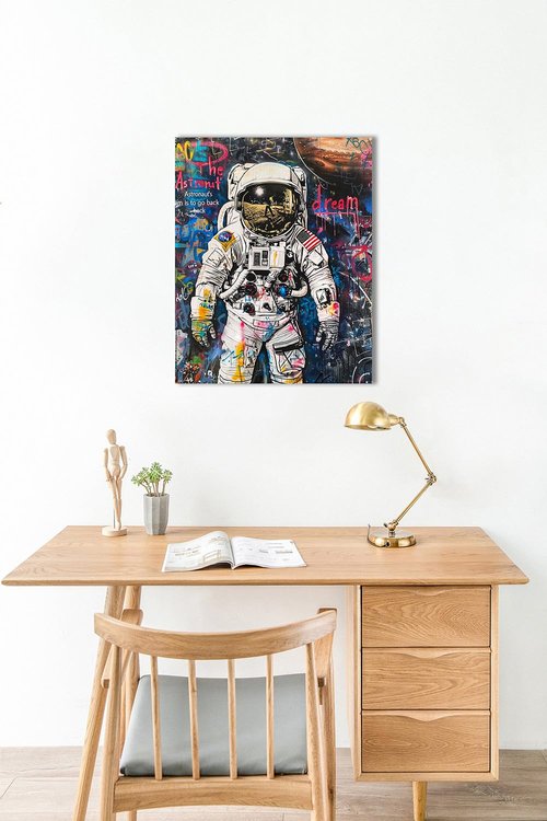 Ypxzzj Banksy Framed Graffiti Astronaut Canvas Wall Art Spaceman Posters Prints Pictures Wall Decor Modern Abstract Street Graffiti Painting Artwork for Living Room Home Decor Ready to Hang(36L" x 24W")