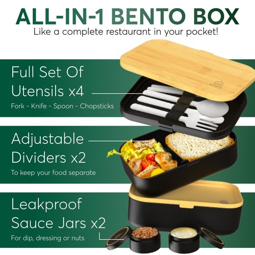 Umami Bento Box Adult All-In-1 w/4 Utensils, 2 Sauce Jars 2 Dividers, Bamboo Lid, 100% Leakproof, Microwave & Dishwasher Safe Stackable Bento Lunch Box Containers for Men/Women, Black Beige, 68 oz