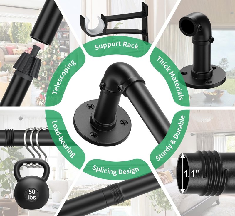 Qouara Curtain Rods for Windows 66 to 120, Black Adjustable Curtain Rods 2 Pack, Wrap Around Blackout Curtains Rod, Heavy Duty Industrial Curtains Rod, 1 Inch Indoor/Outdoor Drapery Pole 66-120"