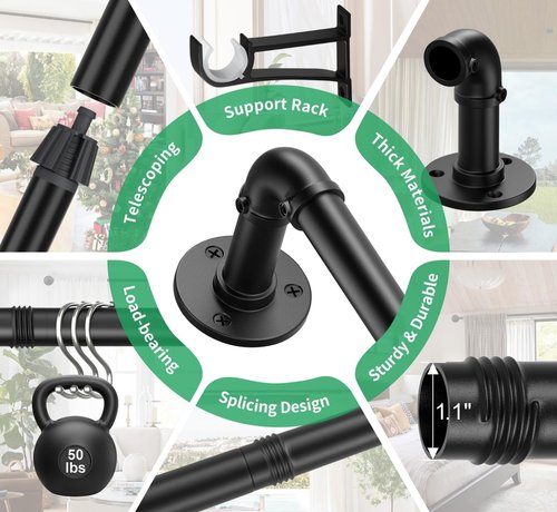 Qouara Curtain Rods for Windows 66 to 120, Black Adjustable Curtain Rods 2 Pack, Wrap Around Blackout Curtains Rod, Heavy Duty Industrial Curtains Rod, 1 Inch Indoor/Outdoor Drapery Pole 66-120"