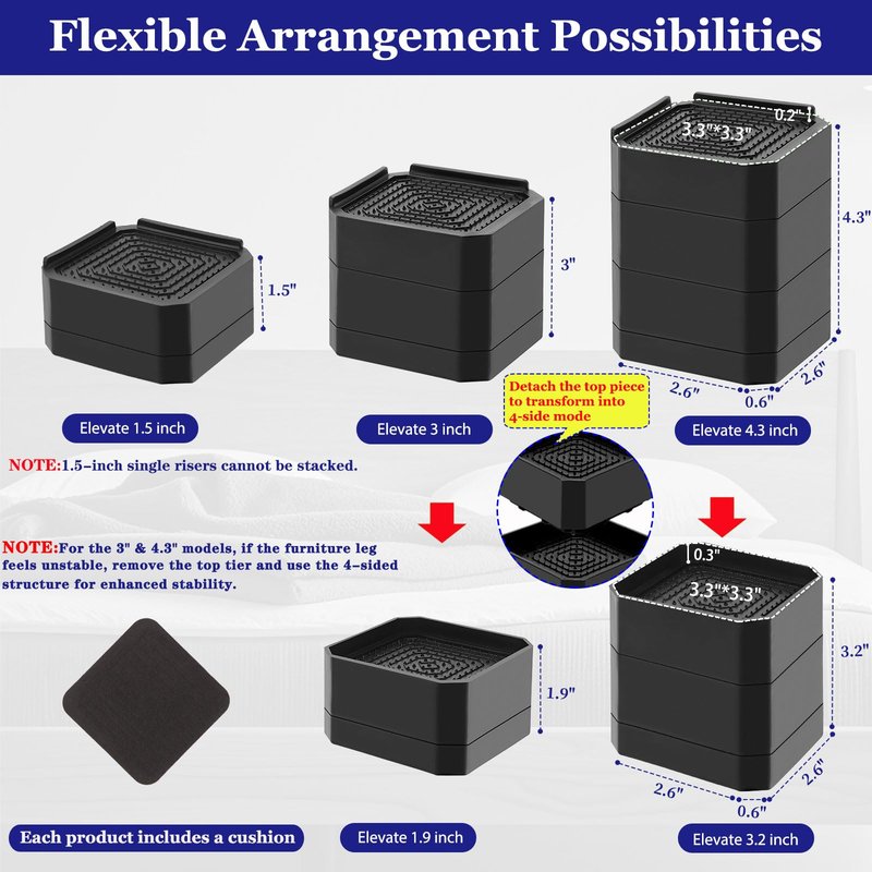 Bed Risers Heavy Duty, Adjustable Furniture Riser Blocks Lift 1.5, 3, 4.3 inches for Couch Table Desk Sofa Chair Legs, Refrigerator, Washing Machine - Support up to 4000 lbs (Black 4 Pack, 3 inch)