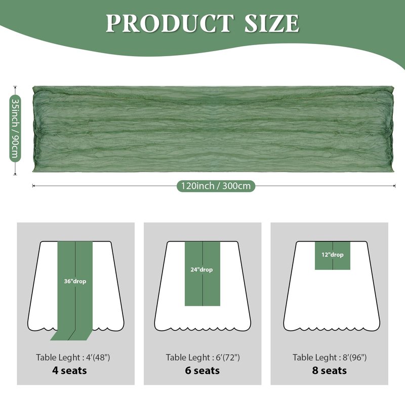 Eternal Beauty 6 Pack Sage Green Cheesecloth Table Runners - 35x120 in - 10FT Gauze Fabric Boho Table Decor - Rustic Sheer Wedding Runner for Baby Shower, Birthday Party & Special Events