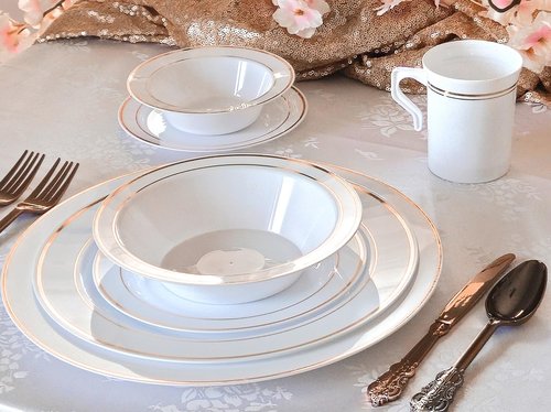 " OCCASIONS " 40 Pack, Heavyweight Disposable Wedding Party Plastic 8 oz Coffee Mugs for Tea/Cappuccino/Espresso with Handles (8 oz Mugs, White & Rose Gold Rim)