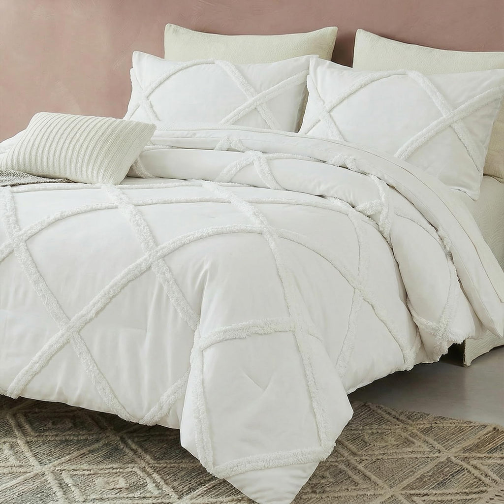 Bedbay White Tufted Comforter Set Queen Size Shabby Chic Boho Bedding Comforter 3 Pcs Lightweight Microfiber Filling Farmhouse Style All Seasons Queen Bed Set