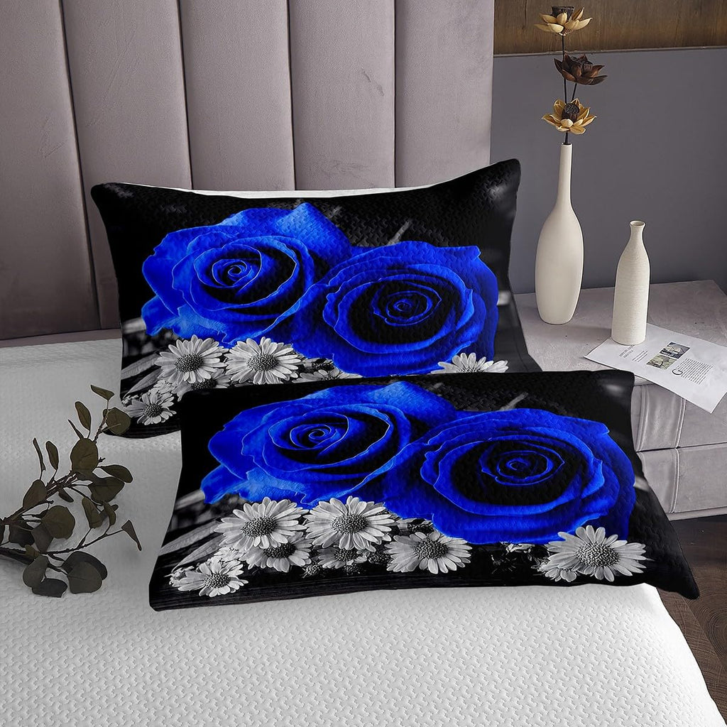 Feelyou Rose Flowers Bed Sheets Set Kids Botanical Rose Floral Sheet Set Boys Girls Decor Garden Flower Sheets with Deep Pocket Fitted Sheet Valentine's Day Blue Bedding Set Bedroom Queen Size