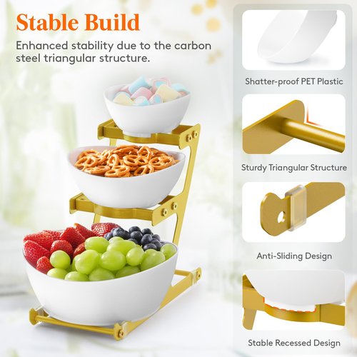 Lifewit 3 Tier Plastic Serving Bowls with Gold Metal Stand, Chips and Dip Serving Tray Set for Entertaining Party, Crack-Proof Serving Platters for Fruit/Snack/Candy, 31 x 20 x 27 cm/12 x 8 x 10.6