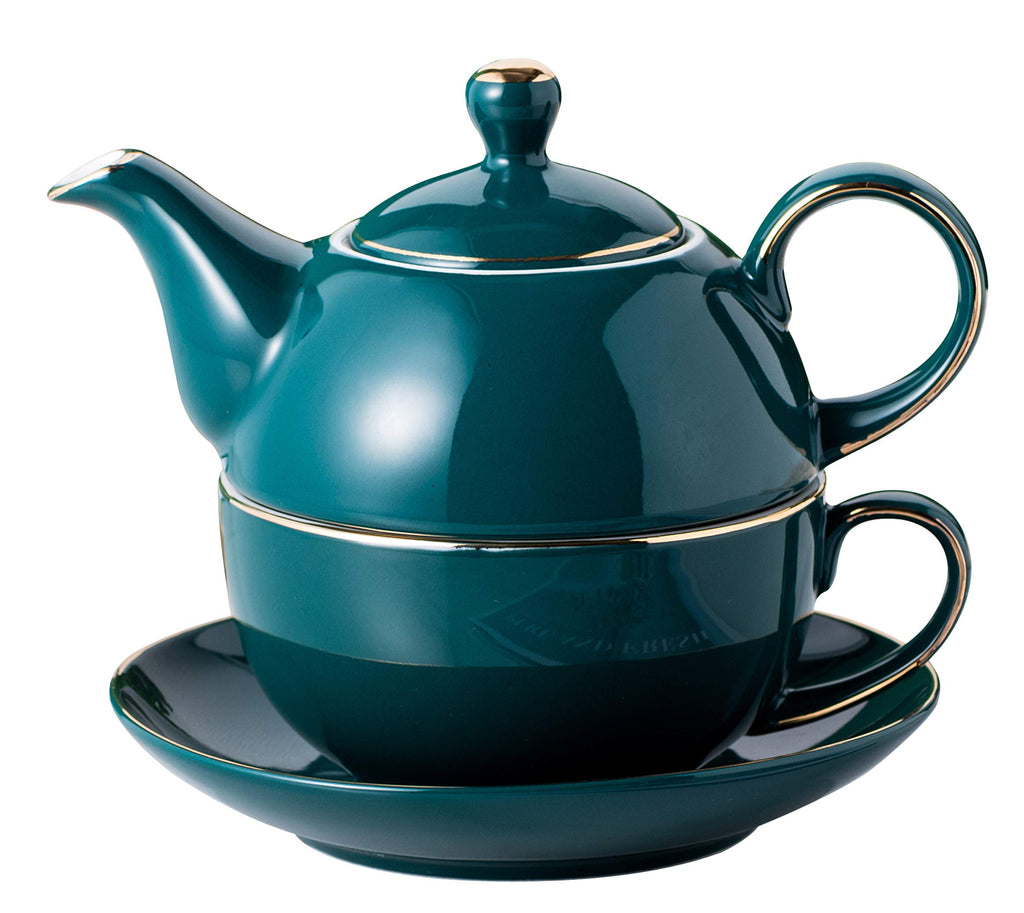 Jusalpha Ceramic Tea Set for One- Dark Turquoise Green Fine China 16 OZ Teapot- Tea cup- Saucer Set, Tea-for-One set #08