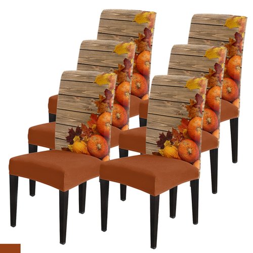 Savannan Thanksgiving Dining Chair Slipcover, Autumn Orange Pumpkin Maple Leaves Rustic Old Wooden Brown Stretch Covers Removable Parsons Protector for Kitchen Room Party, Set of 6