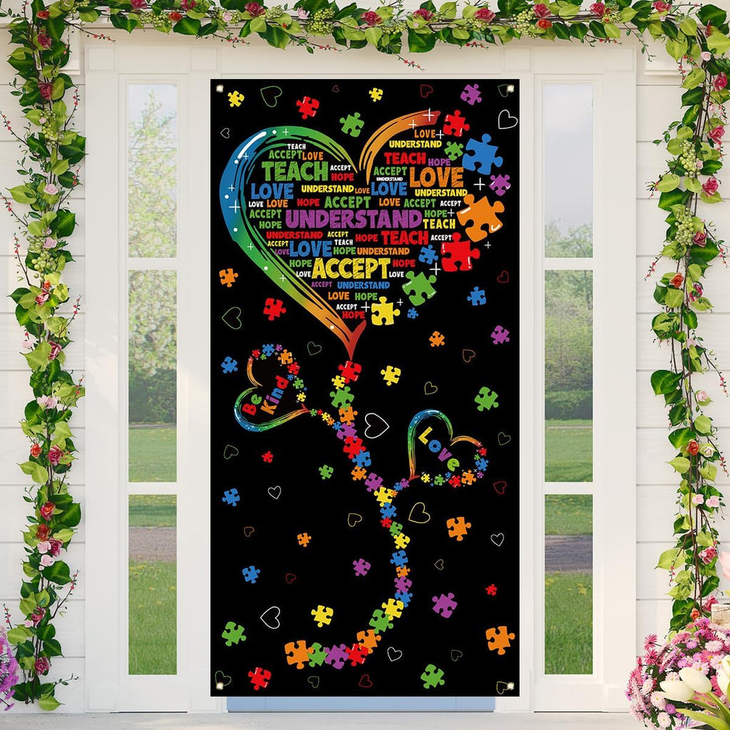 Skiennix Autism Awareness Door Cover - Puzzle Piece Heart Design for Home & Party Decor