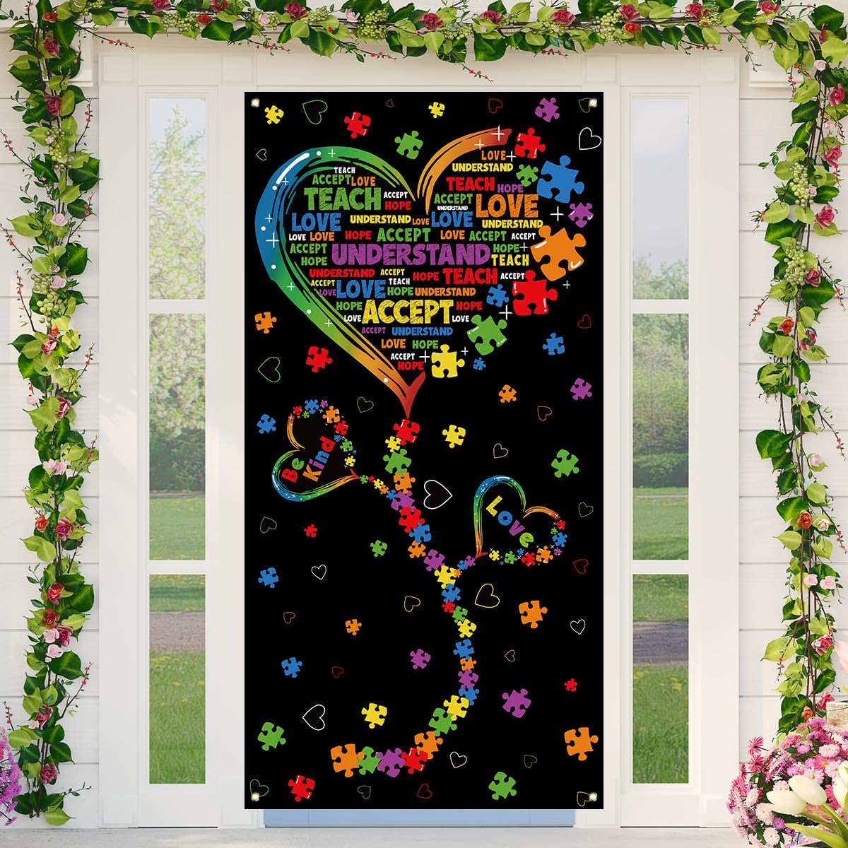 Skiennix Autism Awareness Door Cover - Puzzle Piece Heart Design for Home & Party Decor