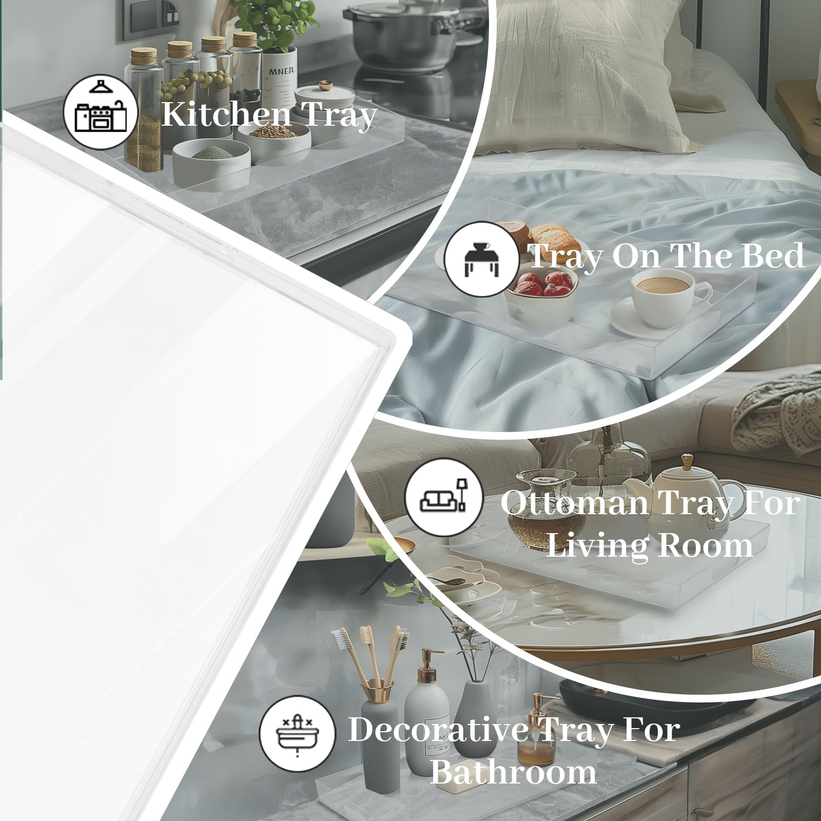 MAONAME Clear Serving Tray with Handles, Plastic Clear Tray, Rectangle Decorative Trays for Coffee Table, Ottoman, Bathroom, Vanity, 15.7" Lx 10.2" W X 1.57" H