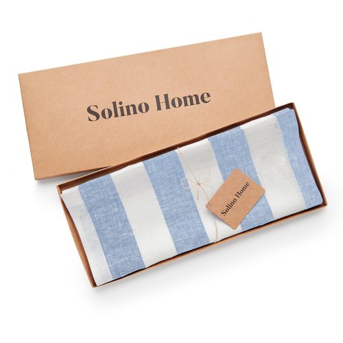 Solino Home Linen Table Runner 120 Inches Long - Cabana Stripe, 100% Pure Linen Sky Blue and White Table Runner 14 x 120 Inch for Dining, Spring, Easter