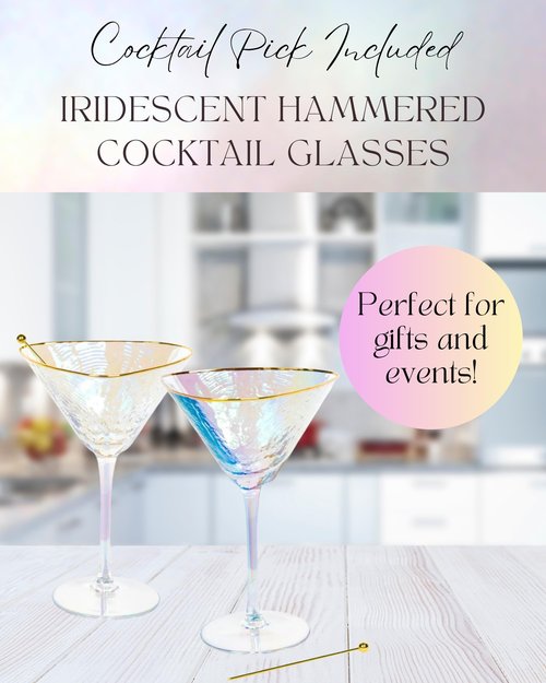 Sisterly Drinkware Iridescent Hammered Martini Glasses Set of 2 – Handmade Gold Rim Cocktail Glasses with 2 Gold-Plated Picks & 2 Coasters – 8 oz Elegant Barware for Martinis, Cocktails & Mocktails