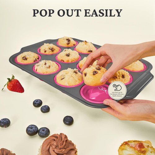 BRONYPRO Silicone Muffin Pans - Nonstick Egg Bite Molds & Cupcake Tins | 12 Regular Size, Rose Pink