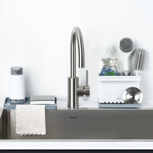 YOHOM Sink Brush Holder for Kitchen Sink Sponge Caddy Countertop Organizer Plastic Dish Scrubber Holder with Dividers