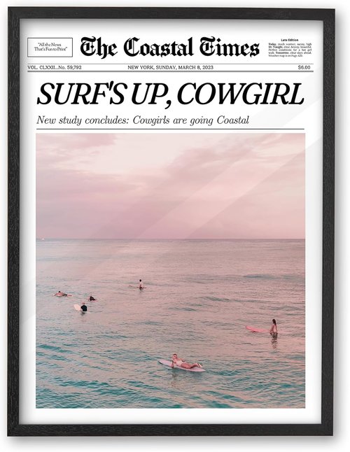 iHery Premium Black Oak Wood Framed Wall Art - Surf’s Up Coastal Cowgirl Canvas Decor | 12x16in