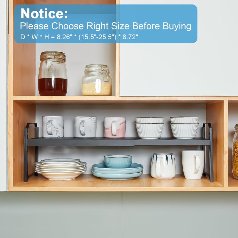 25.5 Inches 3 Pack Expandable Cabinet Shelves, Stackable Shelf Organizer For Kitchen Cabinet Countertop Storage, Adjustable Counter Cupboard Pantry Organizer Shelf Rack Stand Riser, Black