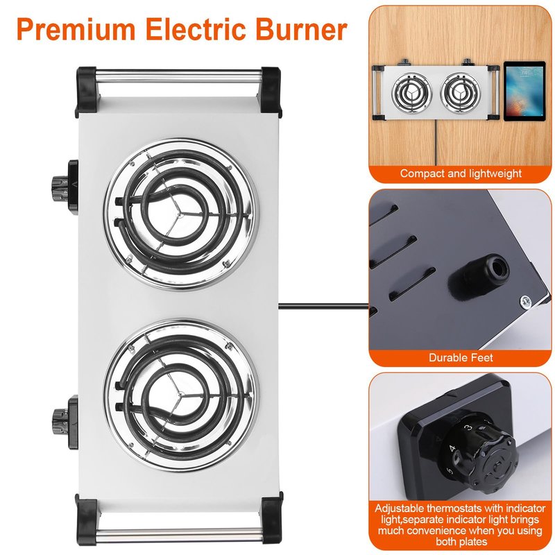 Zorpupoa Electric Hot Plate, 2000W Countertop Double Burner with Adjustable Temperature & Handles, Stainless Steel Coil Electric Stove for Cooking Cooktop for Home Kitchen Dorm RV Camp, Black, Small