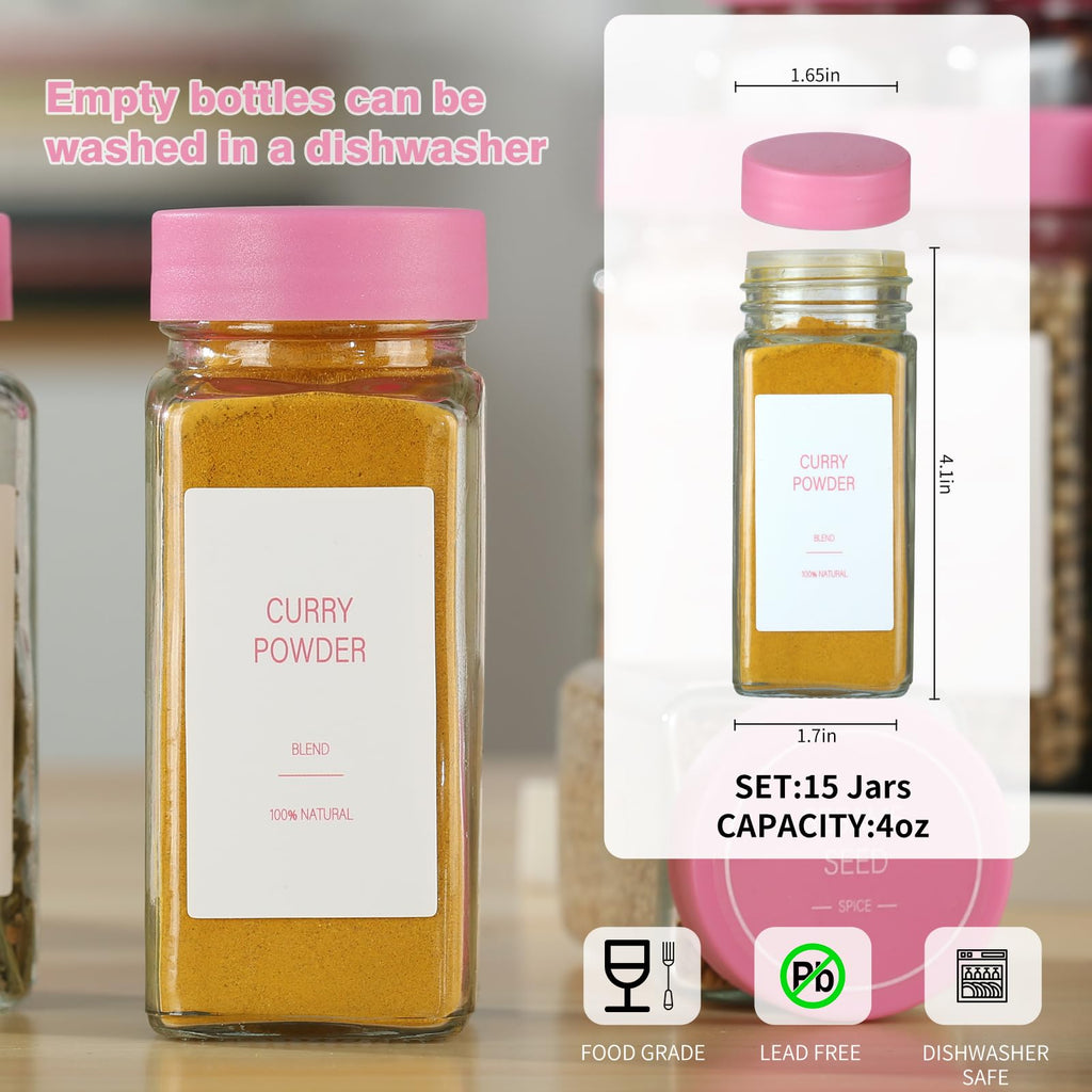 TESUNMU Pink Spice Jars with Label，4oz Seasoning Containers, Glass Spice Bottles with Shaker Lids,Funnel, Chalk Pen (Pink, 24)