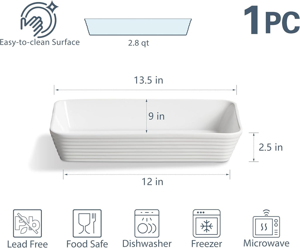 ONEMORE Ceramic Baking Dish - 9x13 Large Rectangular Casserole Pan for Family Meals | Ribbed White Bakeware