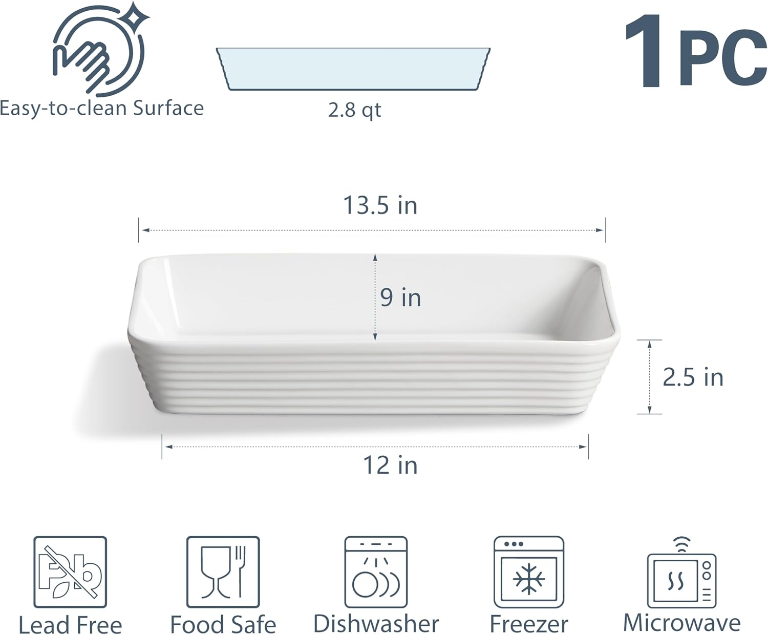 ONEMORE Ceramic Baking Dish - 9x13 Large Rectangular Casserole Pan for Family Meals | Ribbed White Bakeware