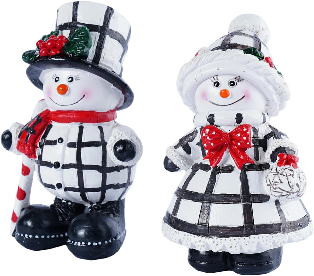 Snowman Figurines Set of 2 | Black and White Plaid Christmas Decorations for Home Decor