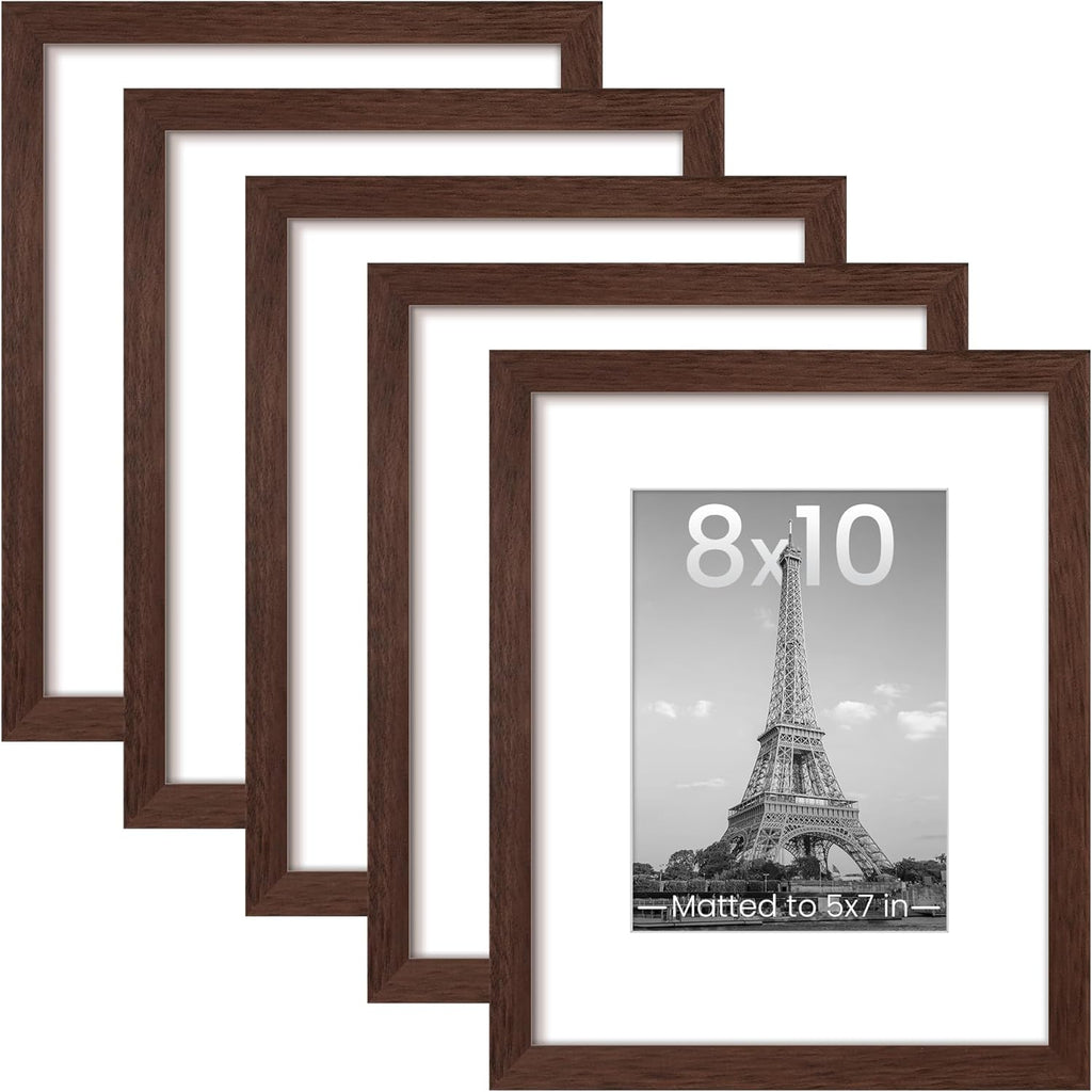 Upsimples 8x10 Picture Frame Set of 5 - Versatile Display for 5x7 or 8x10 Photos | Elegant Brown Finish