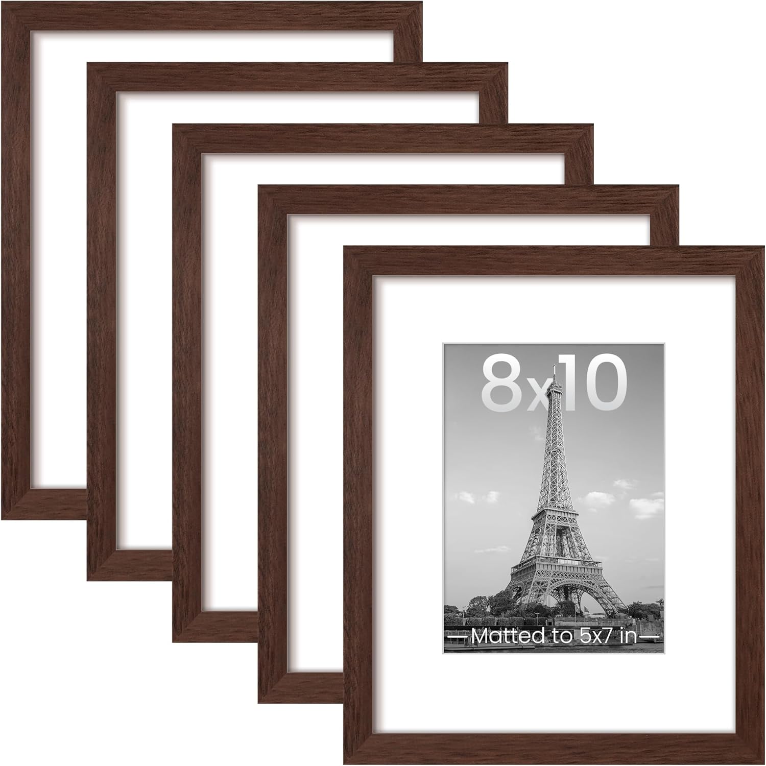 Upsimples 8x10 Picture Frame Set of 5 - Versatile Display for 5x7 or 8x10 Photos | Elegant Brown Finish